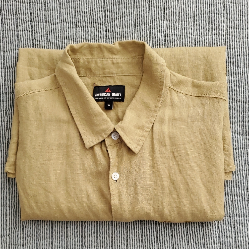 American Giant Men's Light Tan Linen Button-Down Shirt